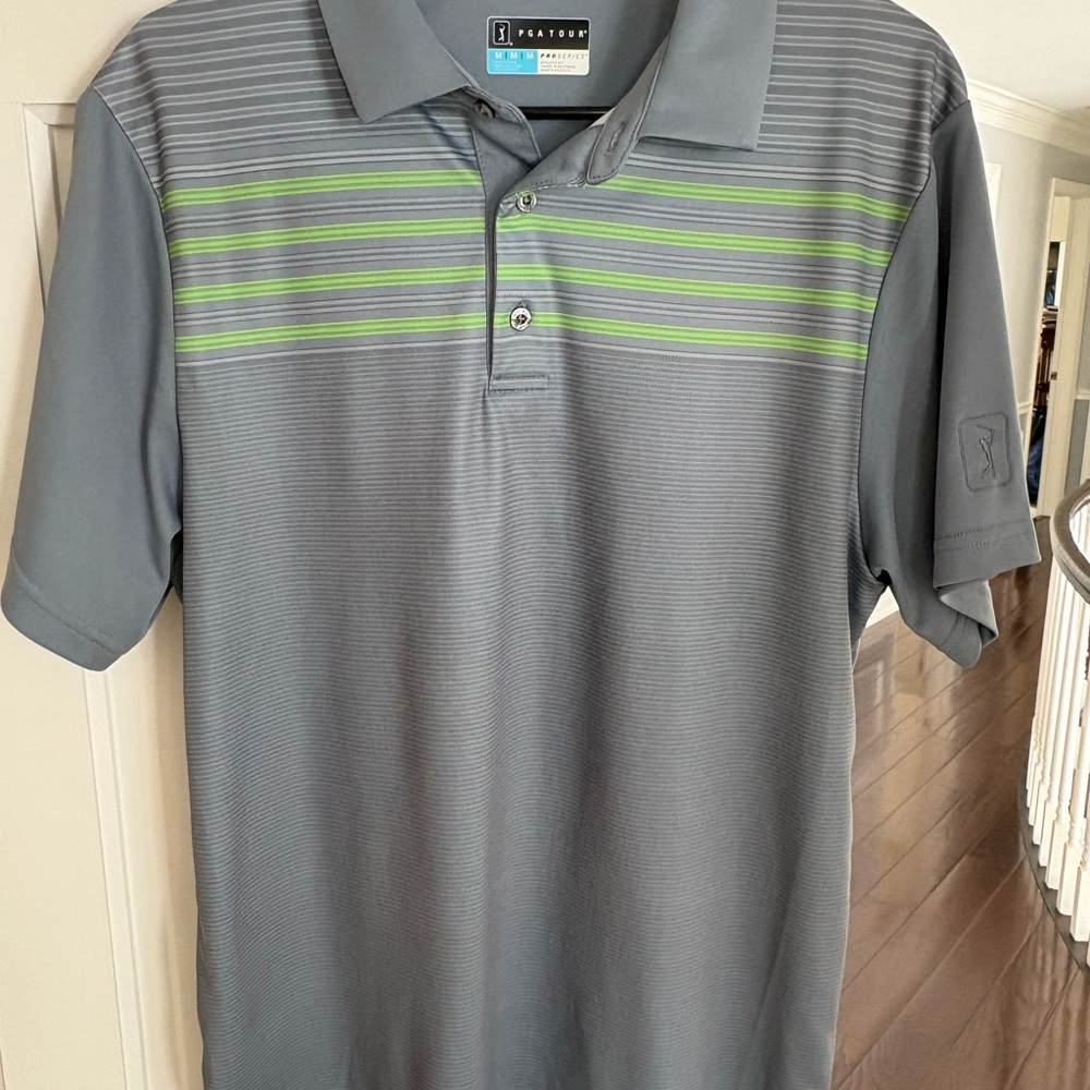 PGA TOUR Gray Polo with Lime Stripes